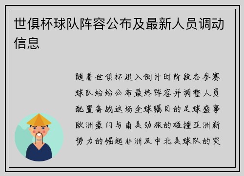世俱杯球队阵容公布及最新人员调动信息